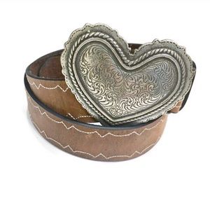 Cabelas Leather Belt Silver Tone Heart Buckle